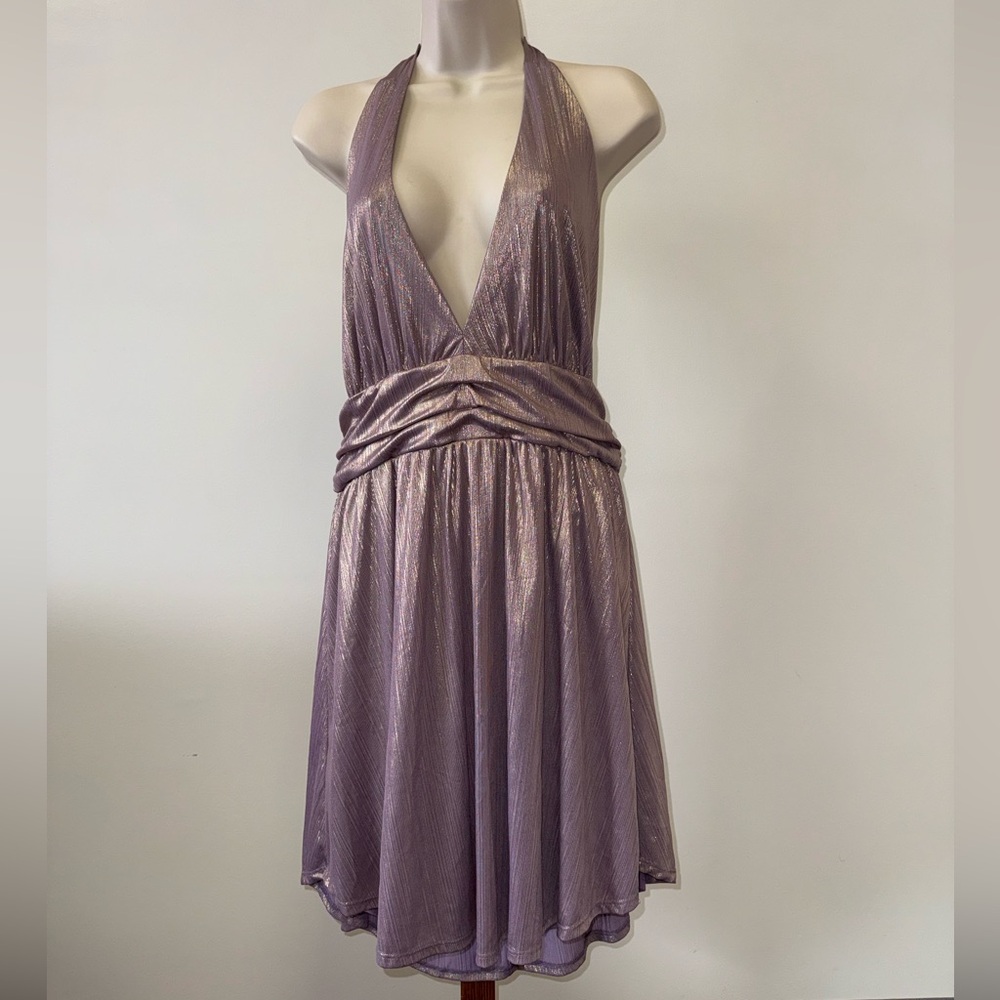 Wild Fable (Medium) Purple Metallic V-Neck Halter Neck Midi Dress W/ Open Back